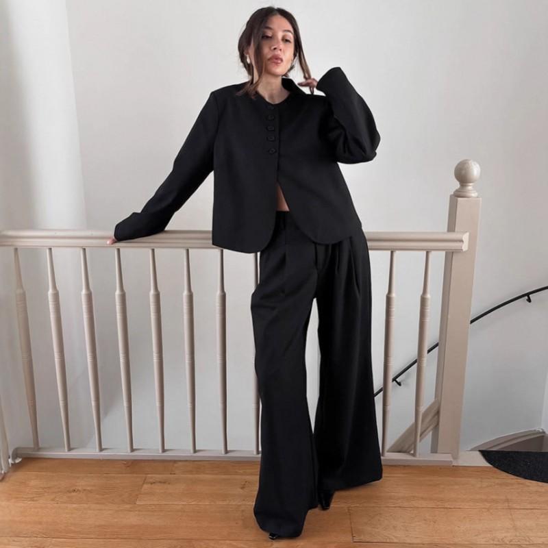 Womens Black Suit Set Long Sleeve Top Pants Elegant Casual 2-Piece Outfit