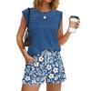 Women’s Casual Round Neck Pleated Top and Hawaiian Print Shorts Two Piece Set Sleeveless Relaxed Fit Summer Outfit