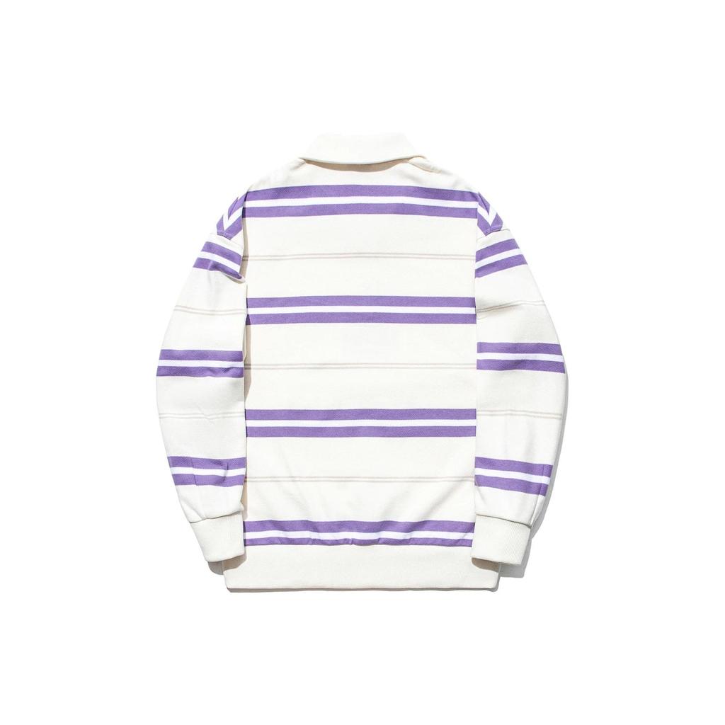 Li Ning Striped Polo Neck Loose Pullover Sweatshirt Unisex Sweatshirt Off-White Standard-White Bellflower-Purple AWDT721-1