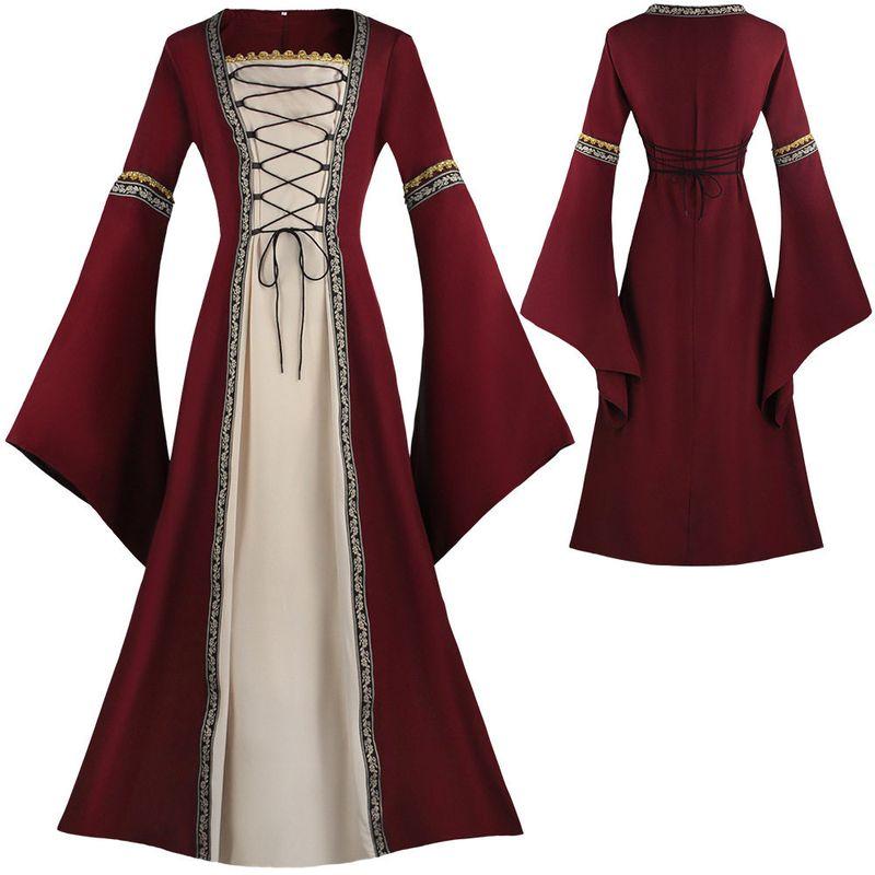 Medieval Style Long Dress with Bell Sleeves, Lace-Up, and Lace Trim, Cosplay Performance Outfit, Gothic Retro Cosplay Costume Square Neck Bell Sleeve Dress (Burgundy) XL