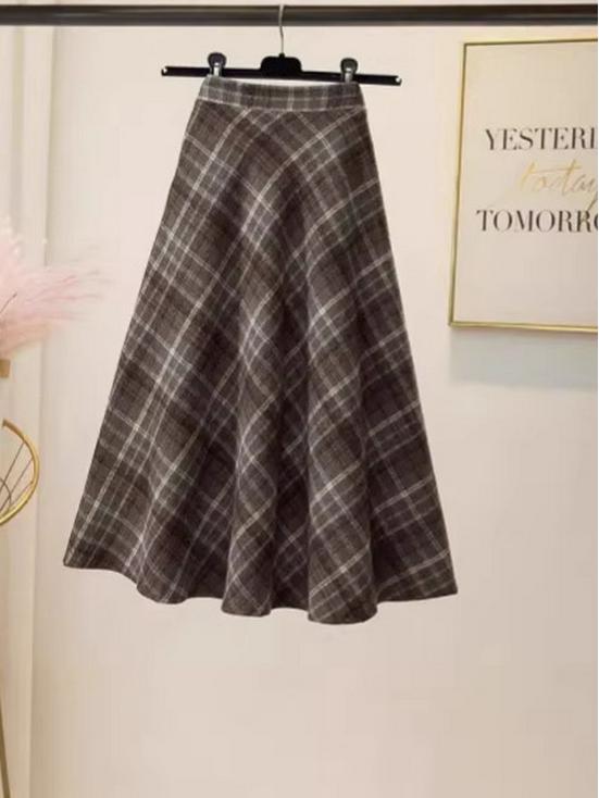 Maillard Retro Plaid Wool A-Line Skirt - Women's Mid-Length for Autumn/Winter