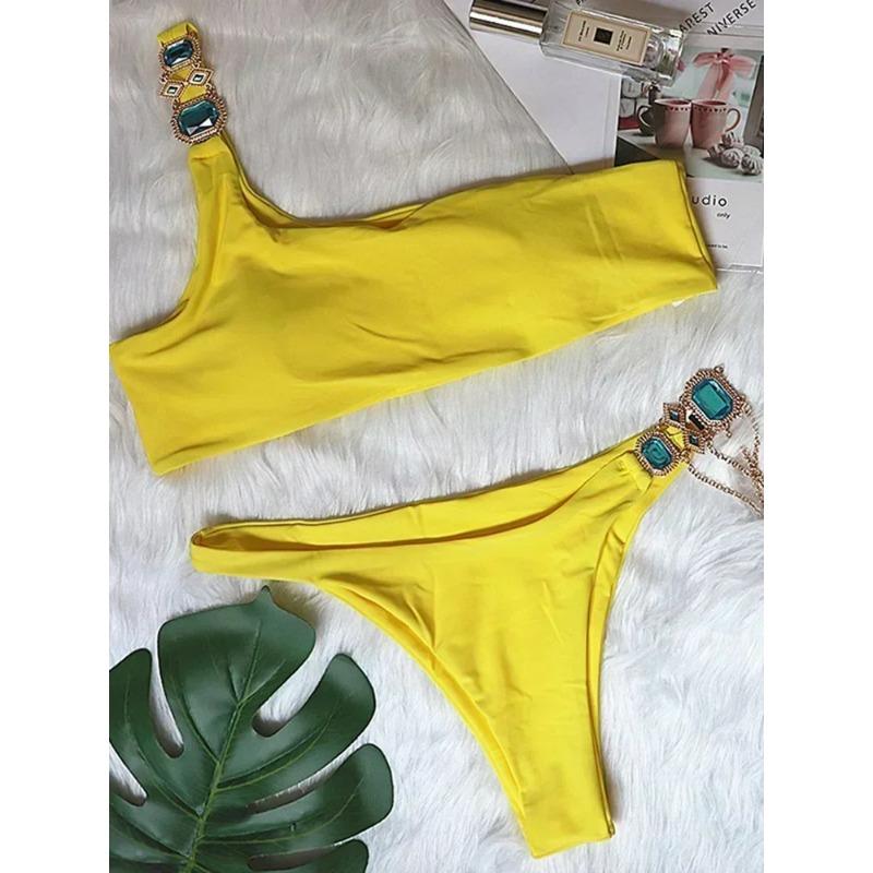 

2025 Блискуче стразове діамантове бікіні Жіночий купальник Жіночий купальний костюм Комплект бікіні з двох частин Халтер Металеві ланцюжки Купальний костюм L