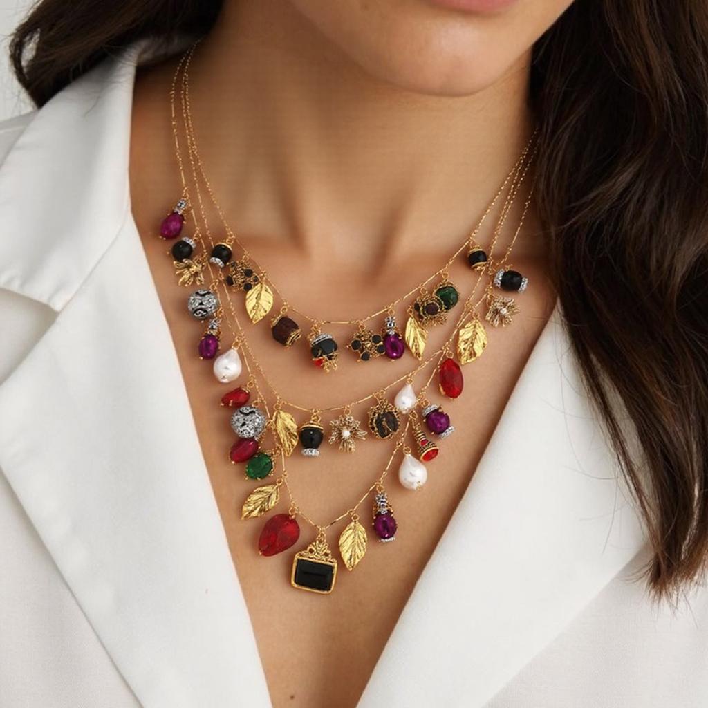 Multilayer Heart Leaf Insect Flower Pendant Necklace Contemporary Layered Necklace With Heart Leaf And Floral Patterns