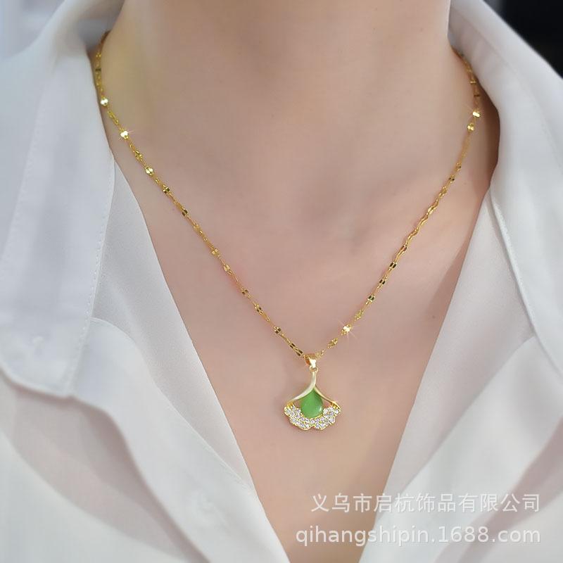 Small Apricot Leaf Necklace Women'S Micro-Inlaid Zircon Opal Pendant Titanium Steel Clavicle Chain High-End Simplicity