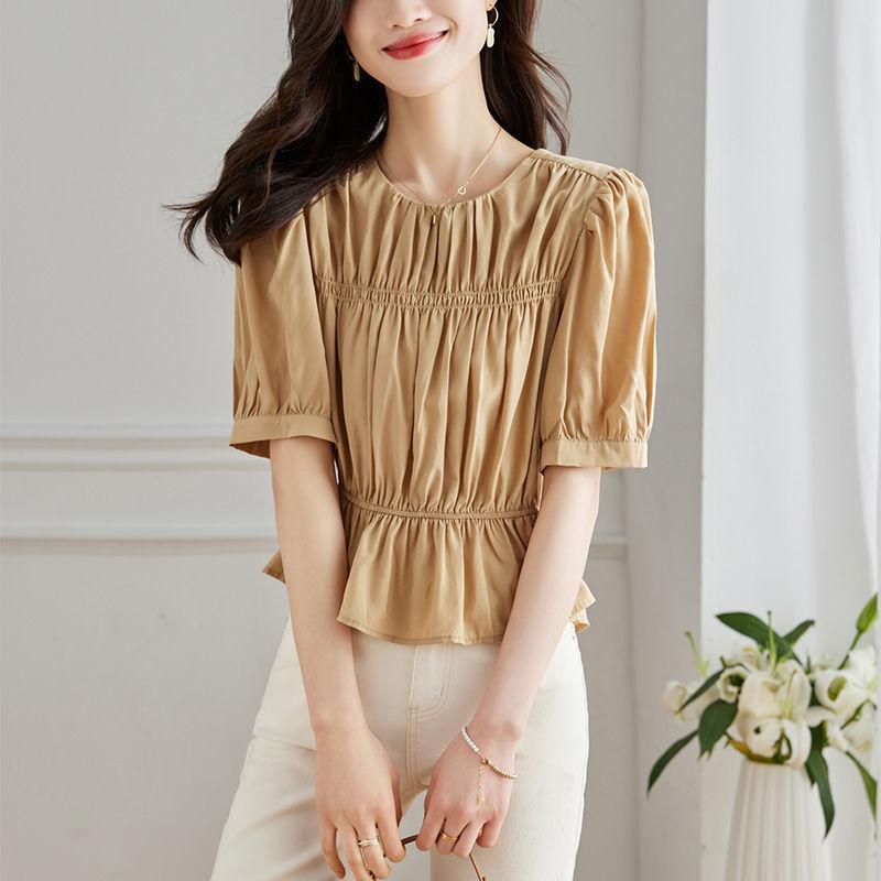 

Французский стиль короткая рубашка для женщин летом новый дизайн нишевая плиссированная облегающая талию рубашка XXL