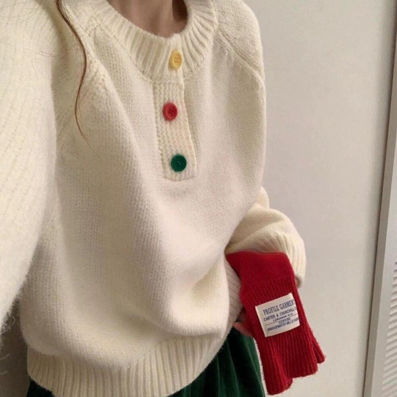 Women's Preppy Style Korean Style Colorful Button Sweater Loose Lazy Style Soft Casual Thickened Knit Top