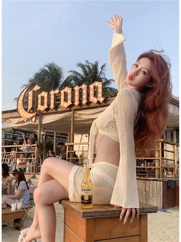 Elegant White Mesh Bikini Set - 2024 Spring Collection with Long Sleeve, European and American Style.