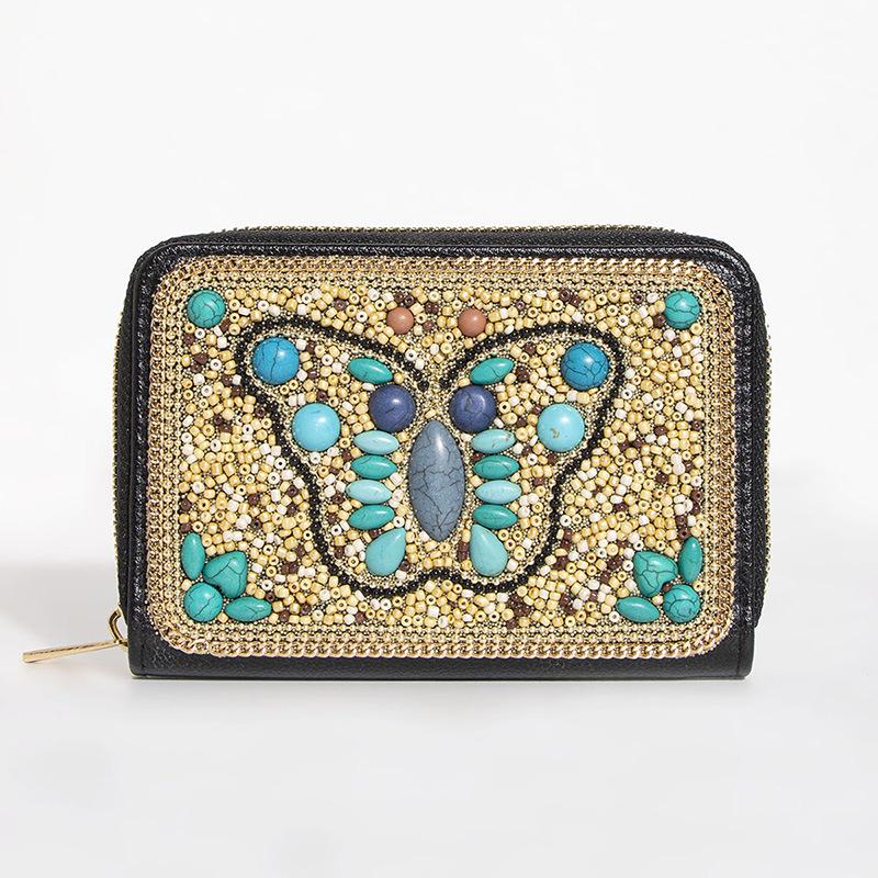 Bohemian Style PU Zipper Card Holder & Coin Purse with Butterfly and Flower Design