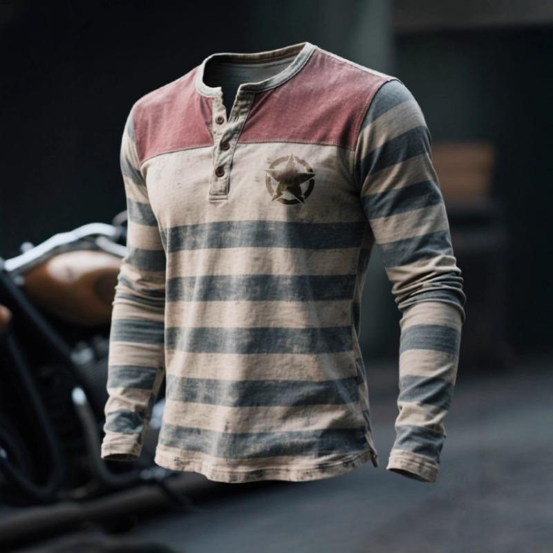Men s Vintage Color Block Stripe Henley Long Sleeve T Shirt Star Print Washed Casual Outdoor Top S серый