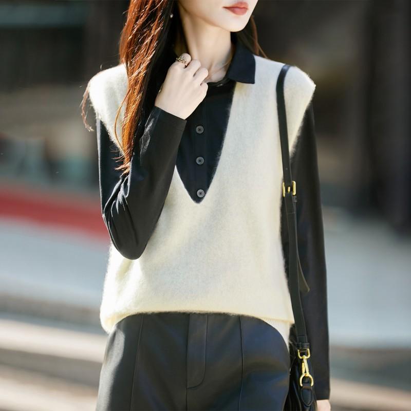 2026 Fall Womens V-Neck Knit Vest Silk Cashmere Wool Blend Sleeveless Top Solid Color Loose Fit