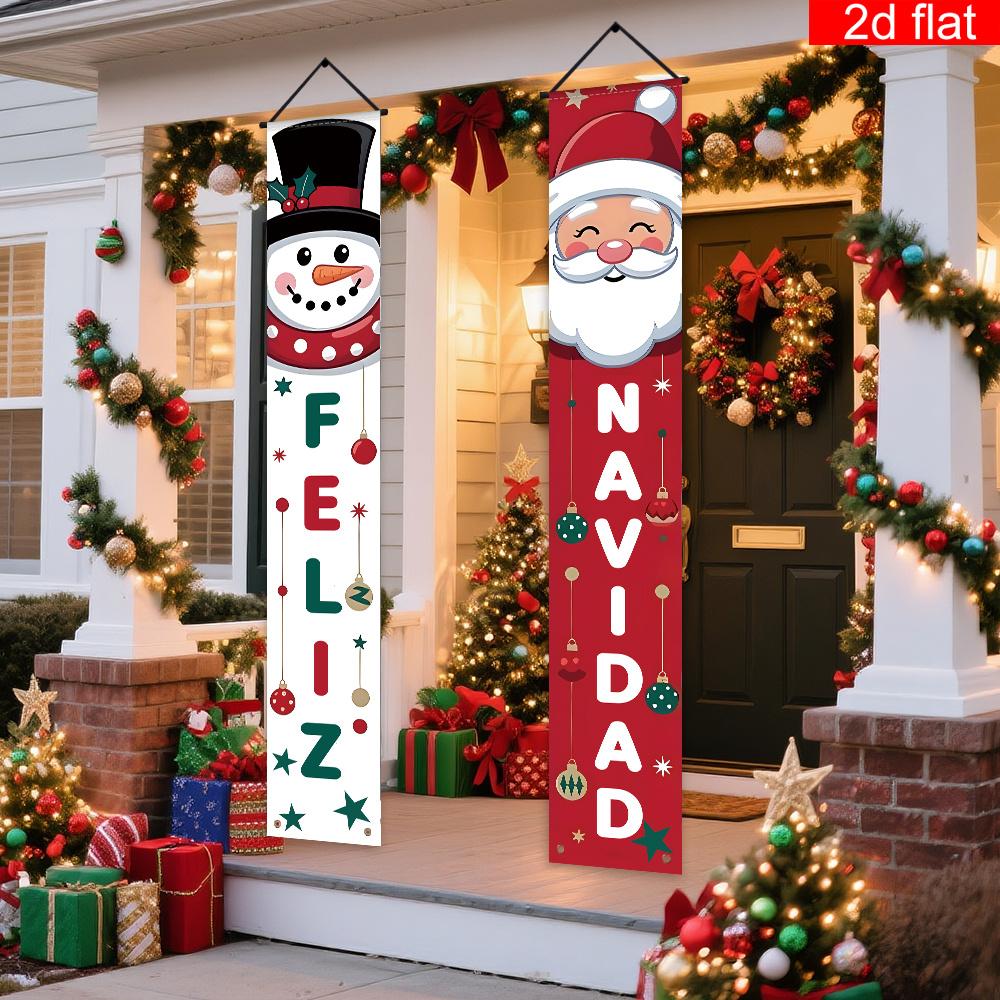 1 Pair Christmas Hanging Banner, 'Feliz Navidad' Doorway Decor with Cute Santa Claus and Snowman, Elegant Outdoor Indoor Decor