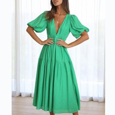 Summer Sexy Deep V-neck Long Dress For Women Office Lady Solid Puff Sleeve Dress Fashion Casual Shirring A-line Robe 25816
