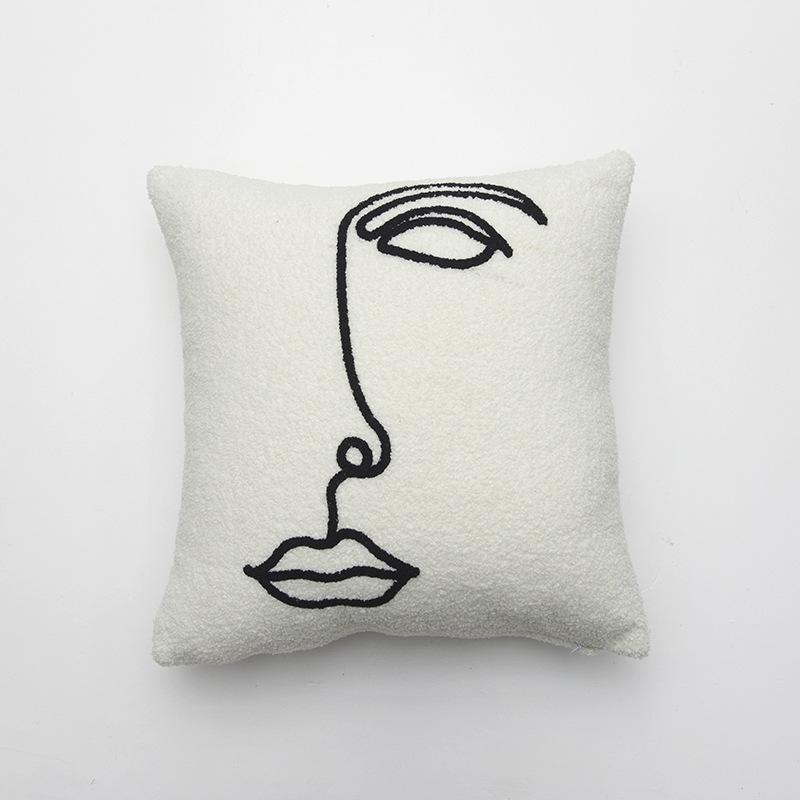 

Face Simple Line Embroidery Cushion Cover Cushion Cover Teddy Velvet Sofa Living Room Abstract Bedside Pillow Cover 45 * 45 (excluding core)