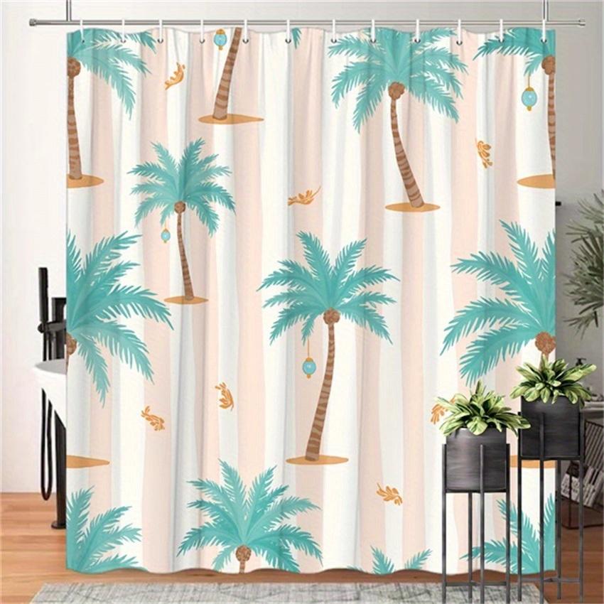 1pc Tropical Watercolor Style Palm Tree Shower Curtain White Peach Stripes Polyester Fabric 12 hooks 70.8x70.8 inches
