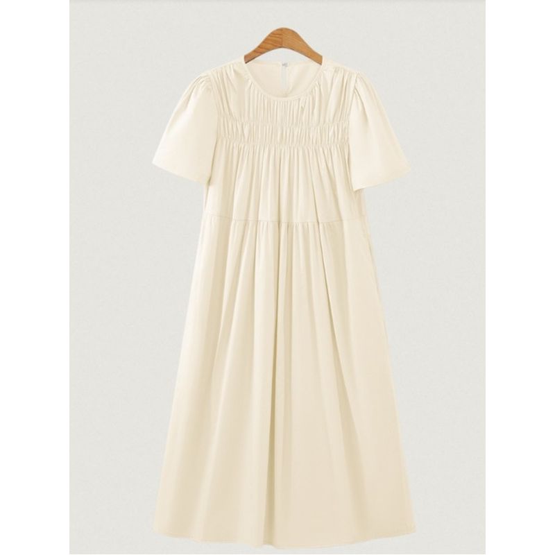 South Korea Dongdaemun Plus Size Women's round Neck Light Blue Sweet Leisure Mid Length Long Length Short Sleeve Dress Trendy L-4XL