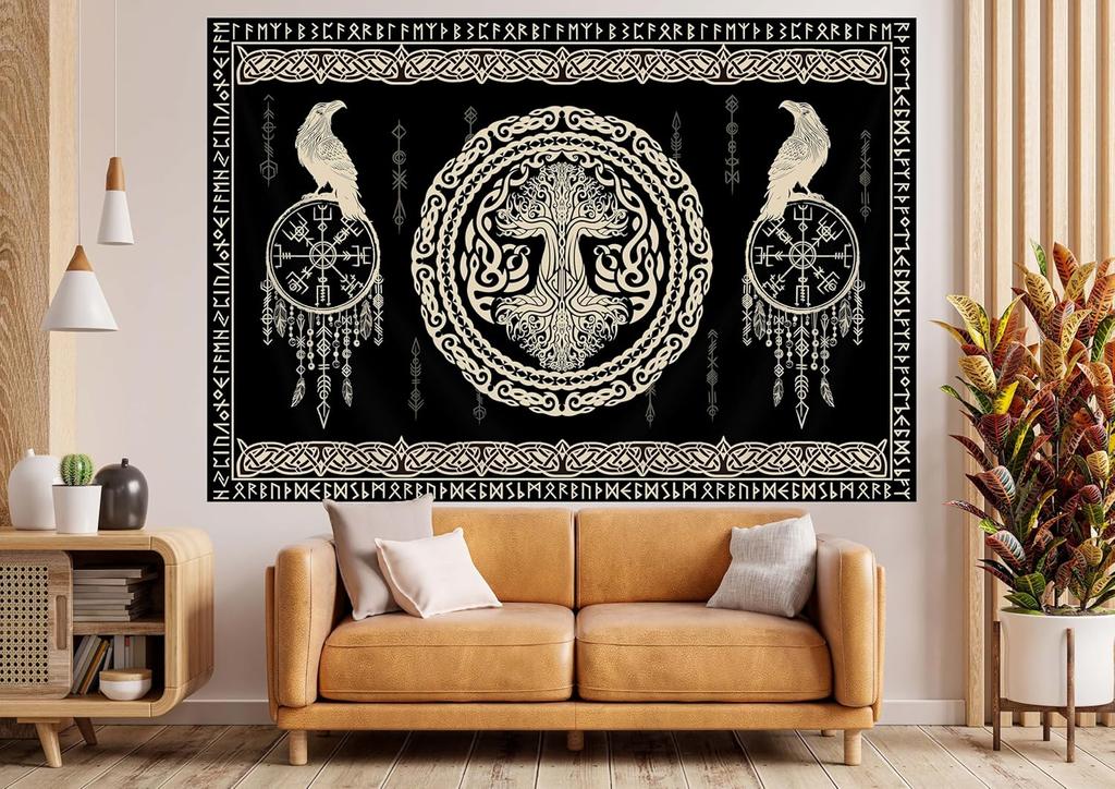 Norse Tapestry, Viking Tapestry Wall Hanging Raven Ancient Rune Dragon Totem Norse Mythology Tapestries, Black White Mystical Ge
