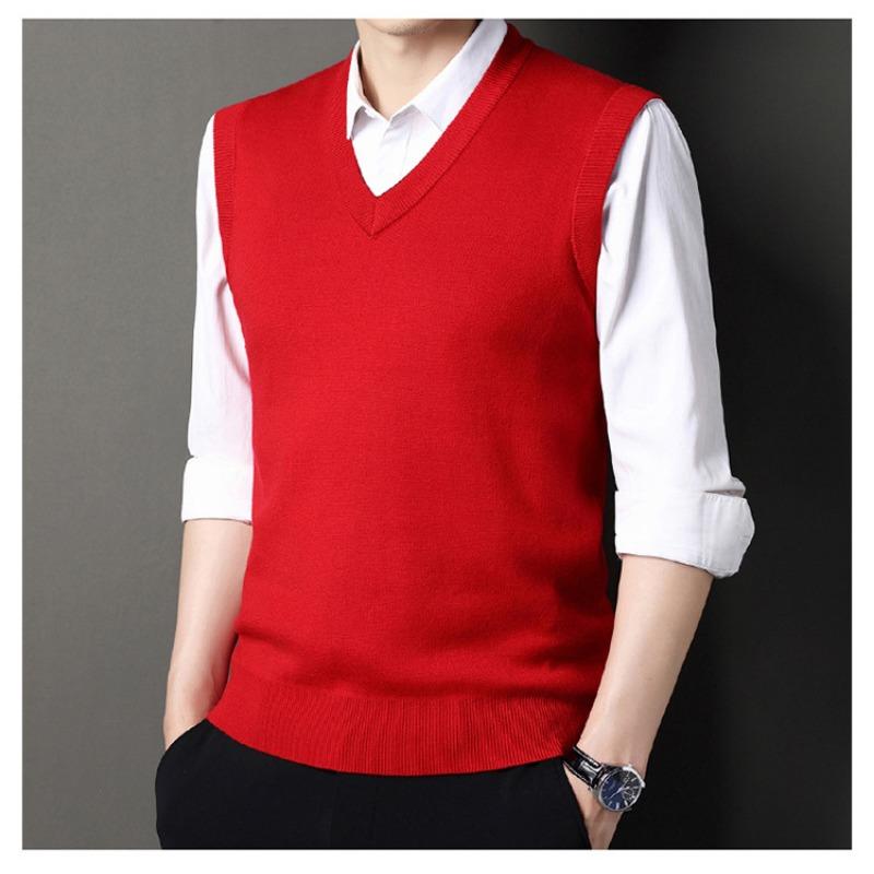 Solid Color V Neck Sleeveless Thick Knit Vest Men Business Casual Inner Sweater