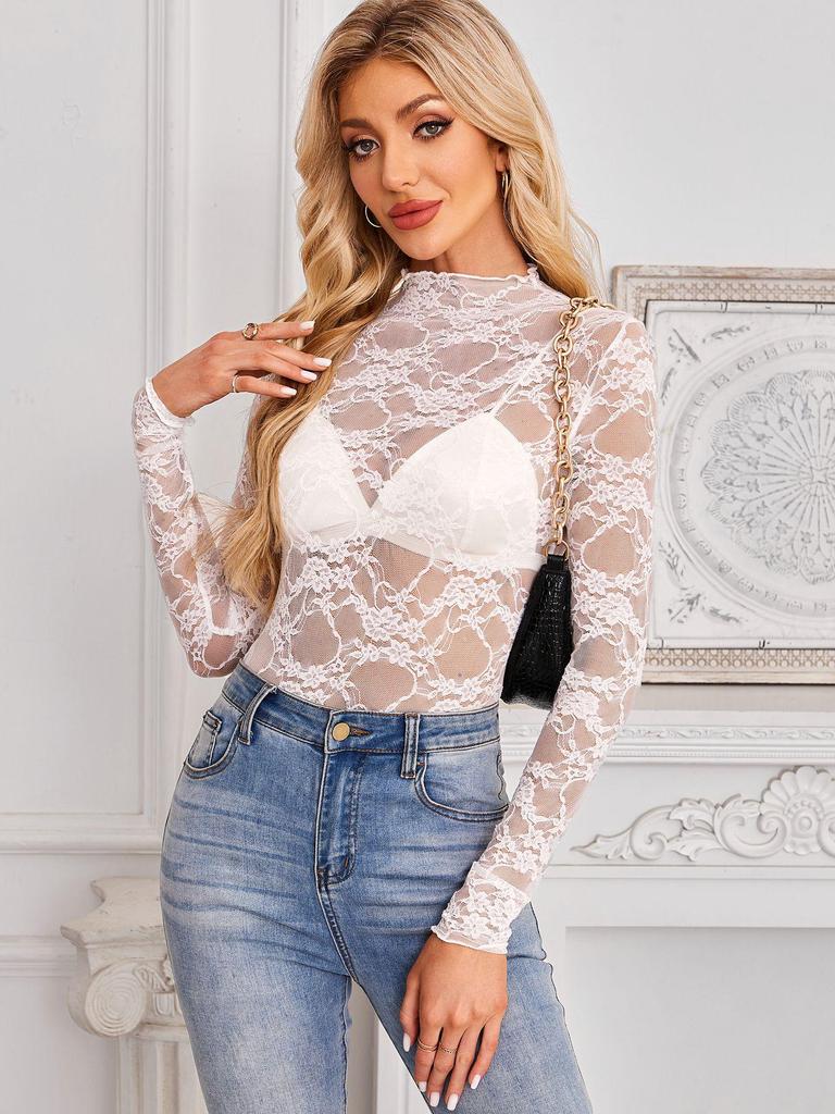 TK2025 Slim Fit Summer Mesh Lace Long Sleeve Top for Women