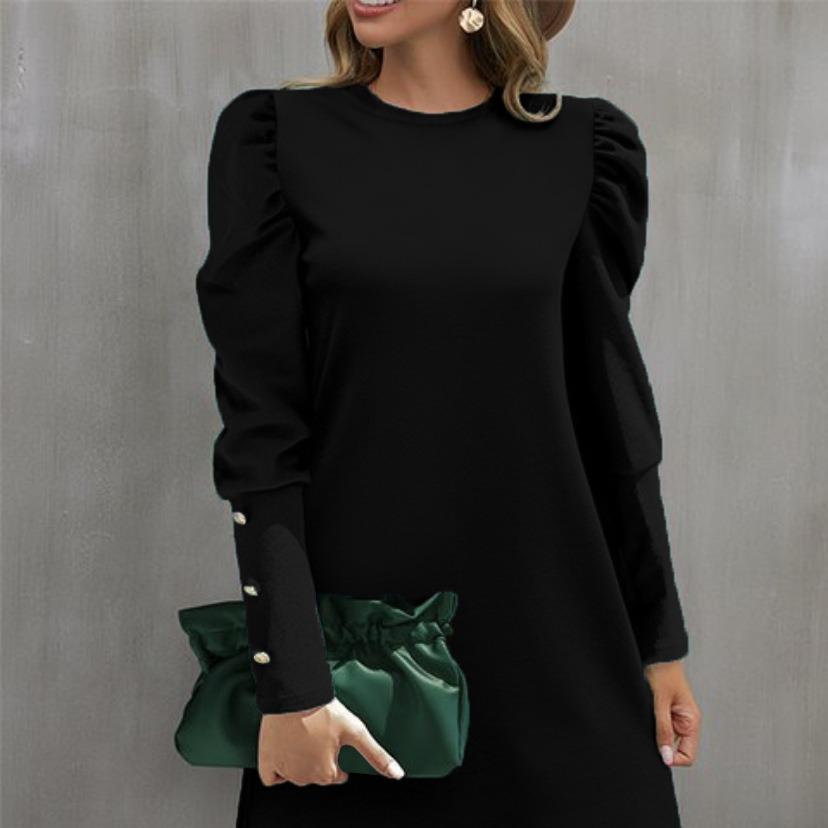 2023 European & American Women's Puff Sleeve Button Top - Autumn/Winter Round Neck Long Sleeve.