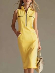European and American elegant temperament contrasting color zipper stand-up collar medium and long dress women's summer slim A word