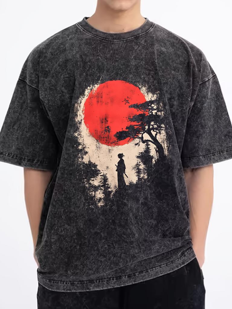 Streetwear Crew Neck Japanese Samurai Style TShirt Cotton Washed Short Sleeve Top Tee Clothing Vintage