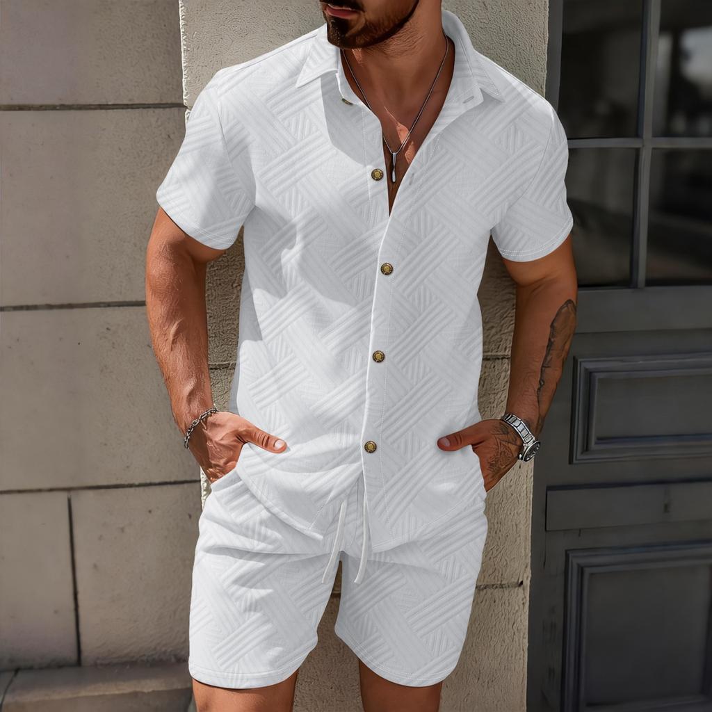 Men's Color Collared Cardigan Short-sleeve Shirt And Shorts Casual Set