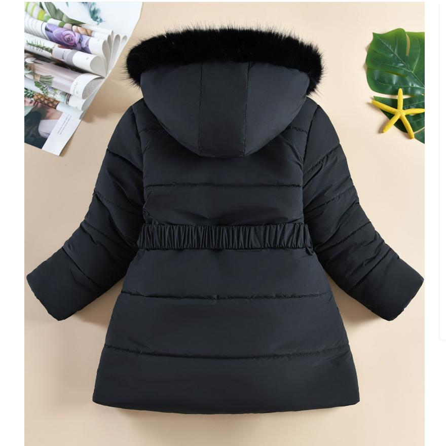 Winter Girls' Mid-length Cotton-padded Jacket, Western-style Heart-shaped Rhombic Pattern Cotton-padded Coat, Fur Collar, Hooded Jacket