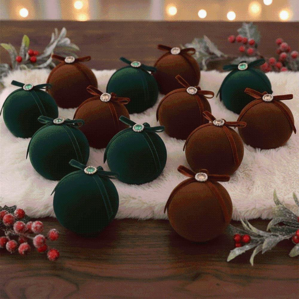 Flocked Velvet Christmas Balls Shatterproof Plastic 8cm Tree Baubles Bow Ornament Set Florists