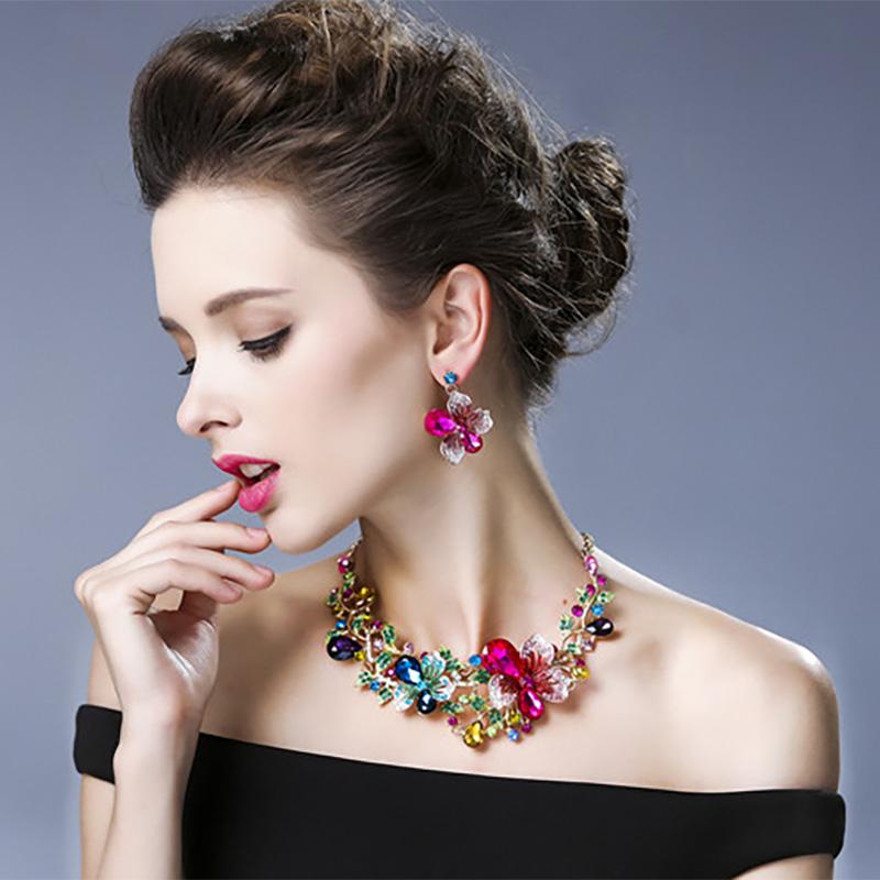 Bauhinia Flower Crystal Jewelry Set Multicolor Earrings Necklace Wedding Women Accessory