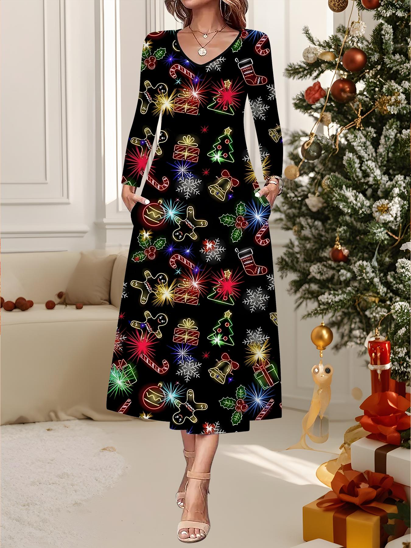 

2025 Осень и Зима Новое Женское Повседневное Модное Платье Принт 3D Снежинки Длинный Рукав V-образный Вырез А-силуэт Рождественский Подарок XXL чёрный