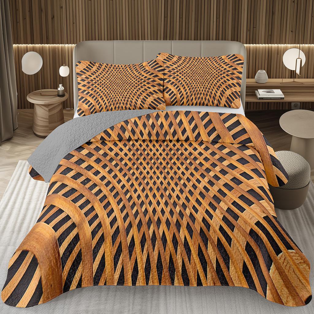 Wood Barn Door Bedspread Queen/Twin Wood Grain Quilted Coverlet Retro Rustic Farmhouse Bedding Set Reversible Grey Quilt Set