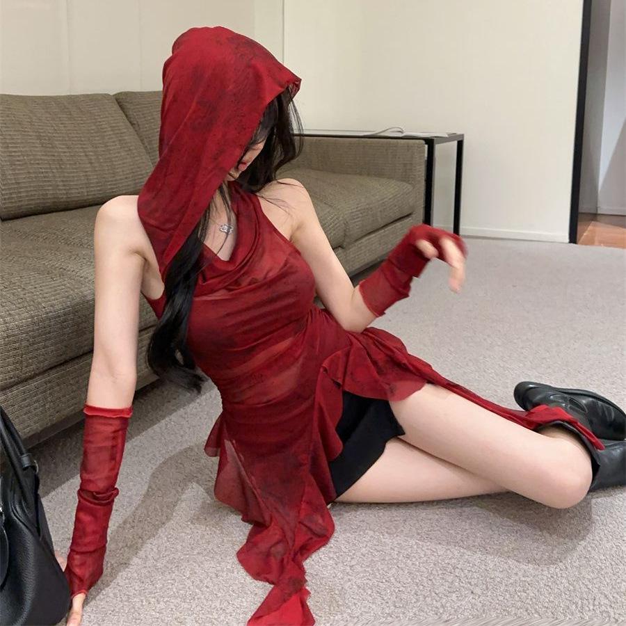 American Sexy Red Cowl Neck Hooded T-Shirt for Women – Ruffle Hem, Irregular Sleeves, Slimming Fit