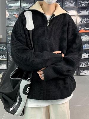 Retro Loose Half-Zip Knitwear with Deer Collar - Men's Winter Versatile Casual Style