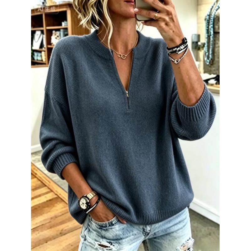 VEZFAA Women's Fashion Casual Fall Winter Solid Color Print Long Sleeve V-Neck Sweaters