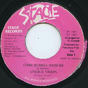 

7inch Record UNIQUE VISION Come Bubble With Me NONE Stage Records 1987 Jamaica Reggae Ska Dub Used