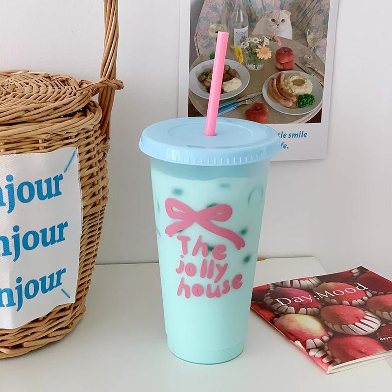 470/700ml Kawaii Water Bottle Coffee Cups Tumbler With Straw Cute Plastic Cold Cups With Lids For Juice Milk Tea Drinking Bottle