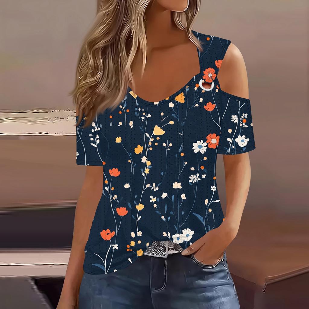 Sexy Cold Sholuder Tops For Women  Summer Hollow Out Eyelet Short Sleeve Blouse Loose V Neck Tshirt Trendy Casual Tunics