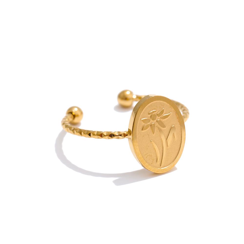 Yhpup 12 Month Birth Flower Floral Oval Open Ring Minimalist Stainless Steel 18K Golden Plated Charm Finger Jewelry Wholesale
