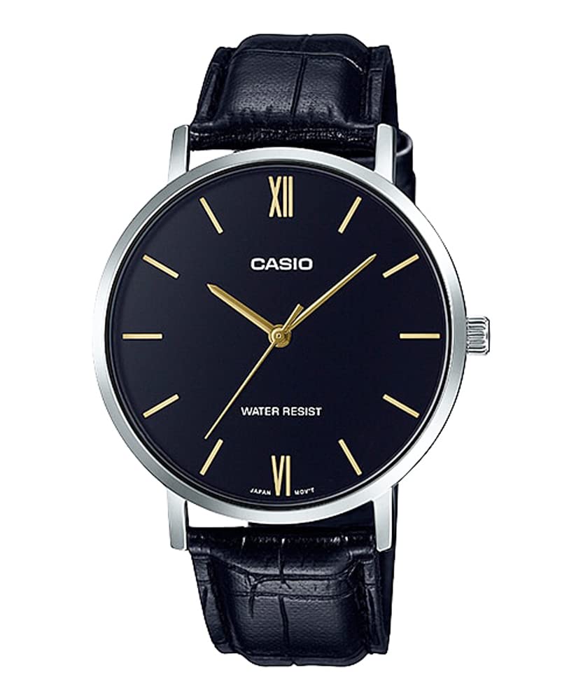 Casio Quartz Men's Watch MTP-VT01L-1B Black with Black Leather Band (Imported)