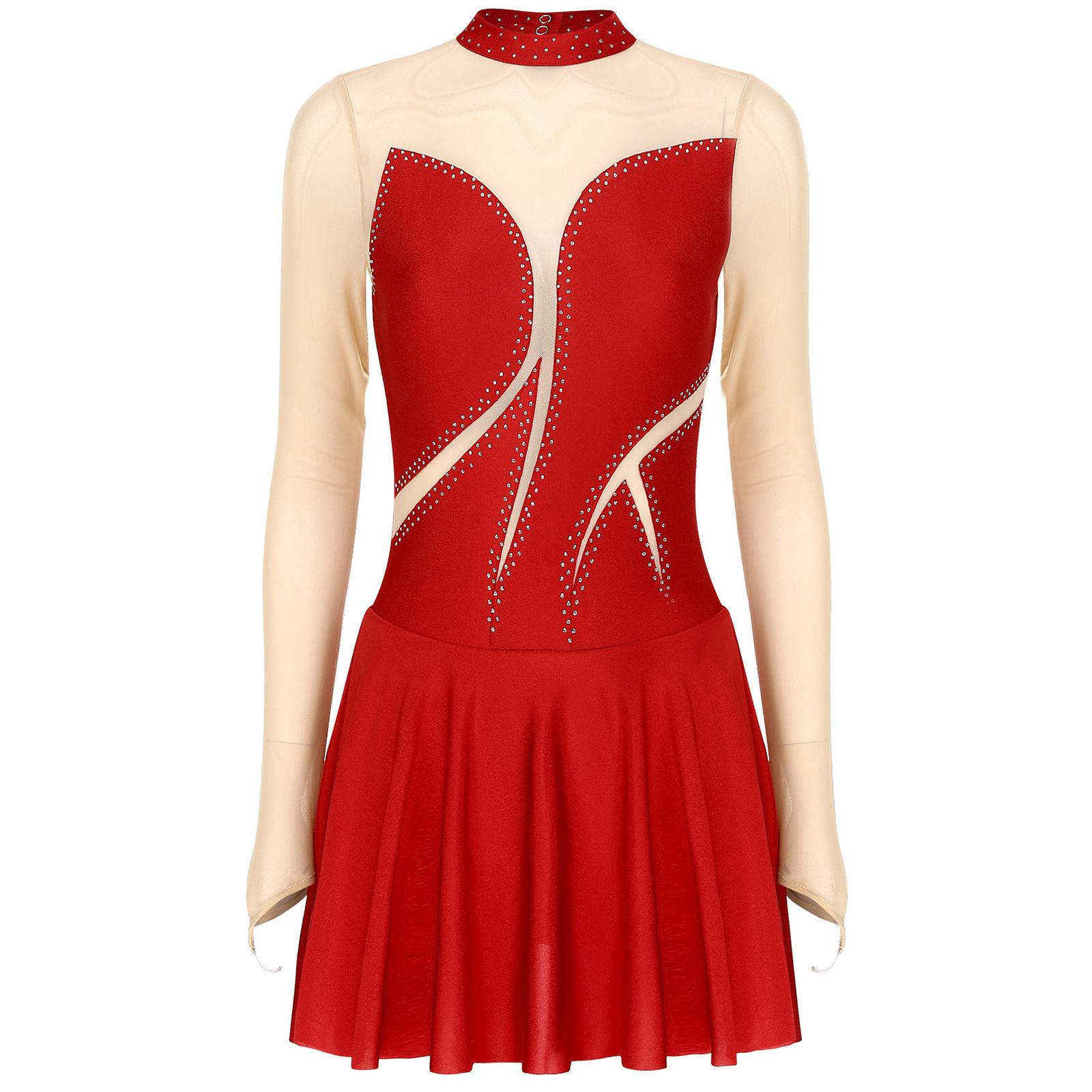 

Женский блестящий лирический танцевальный костюм с прозрачной сеткой в стиле пэчворк, боди с длинными рукавами и воротником-стойкой, со стразами для выступлений S красный