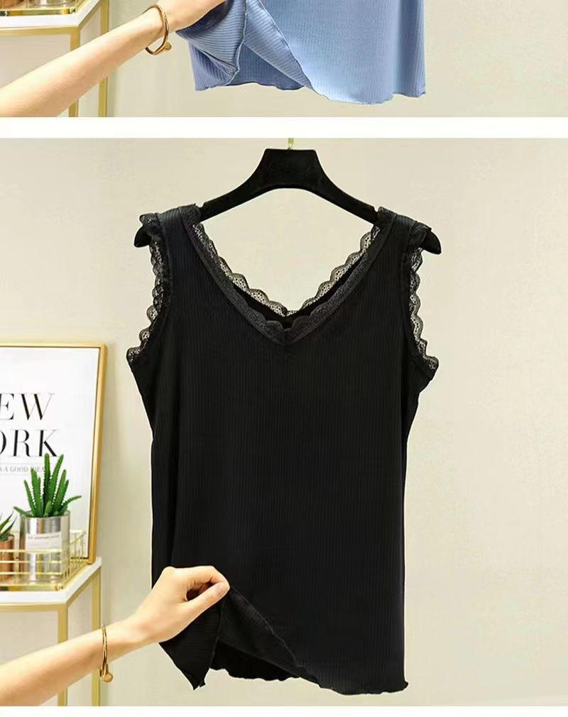Women's Summer Lace Trim V-Neck Ribbed Tank Top - Ice Silk Sleeveless Base Layer, Plus Size