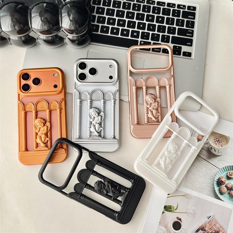 Luxury Angels Matte Shockproof Case for iPhone 17 Air 16 15 14 13 12 Pro Max Hollow Roman Column Little Angel Frosted Cover