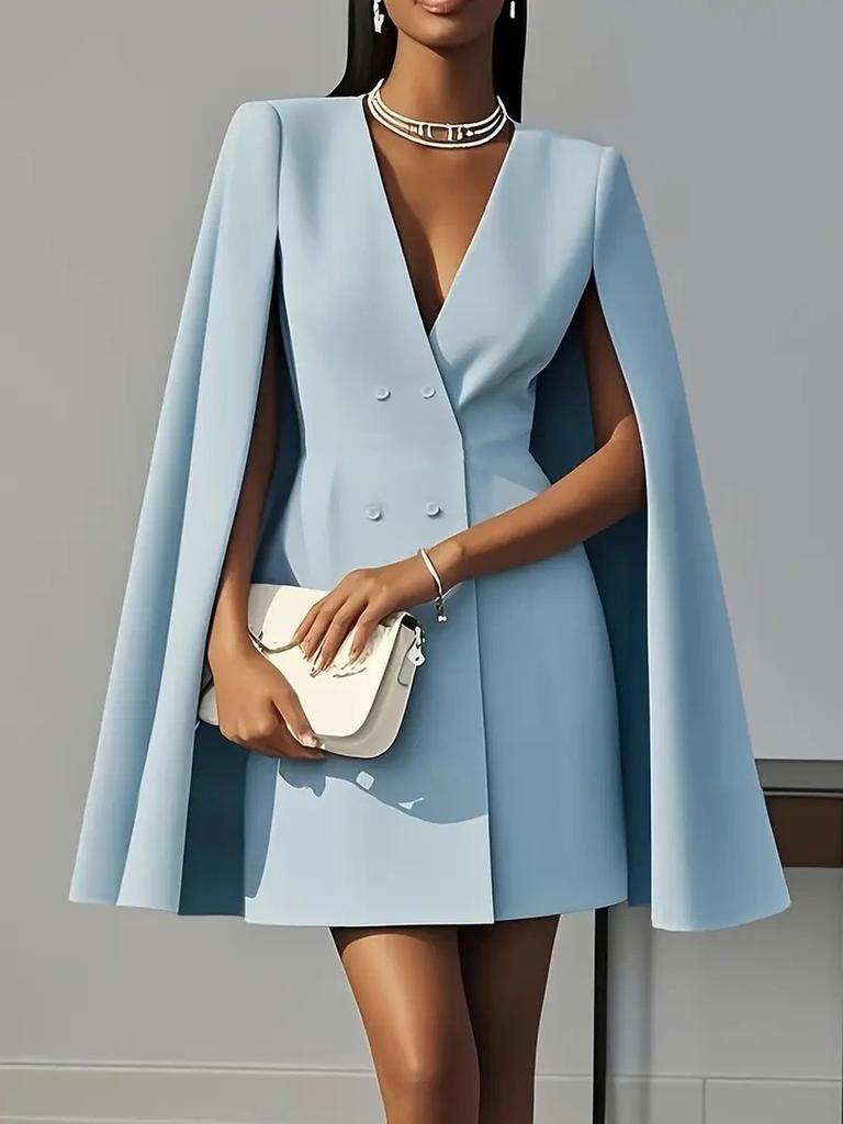 Autumn Commute Double Row Belted Shawl Cape Solid Color Suit Dress Women's Clothing