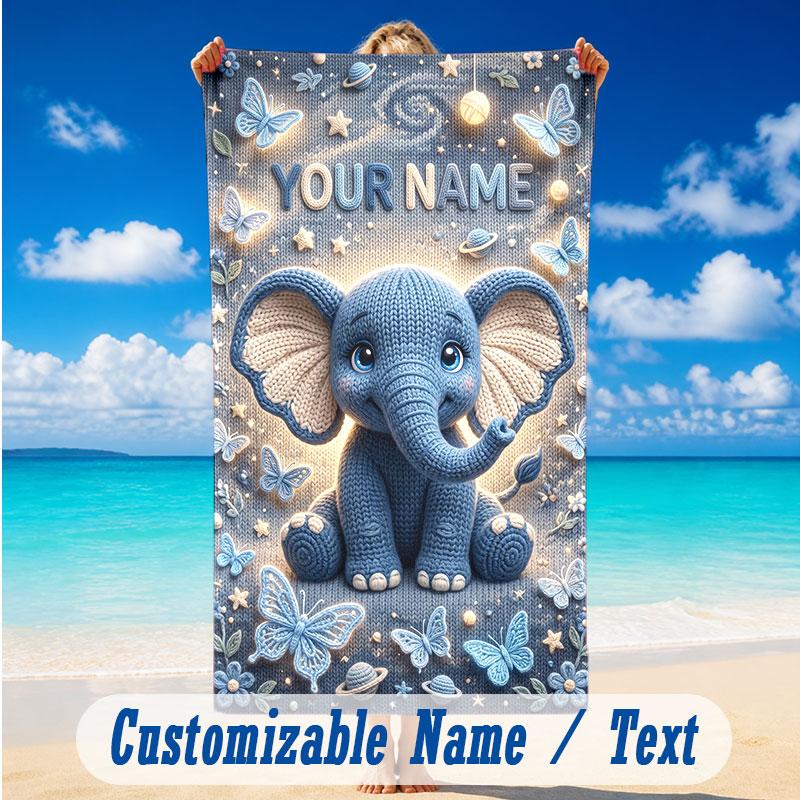 Elephant Theme Beach Towel Personalized Custom Name & Text Soft Quick Dry Beach Towel for Swimming Travel
