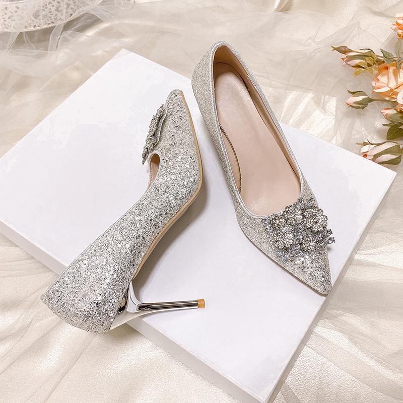 Fashion Summer New Pointy Toe Pumps Women's Fashion Full Sequin Cover Foot Anti-slip Wear-resistant Fine Heel Shoes