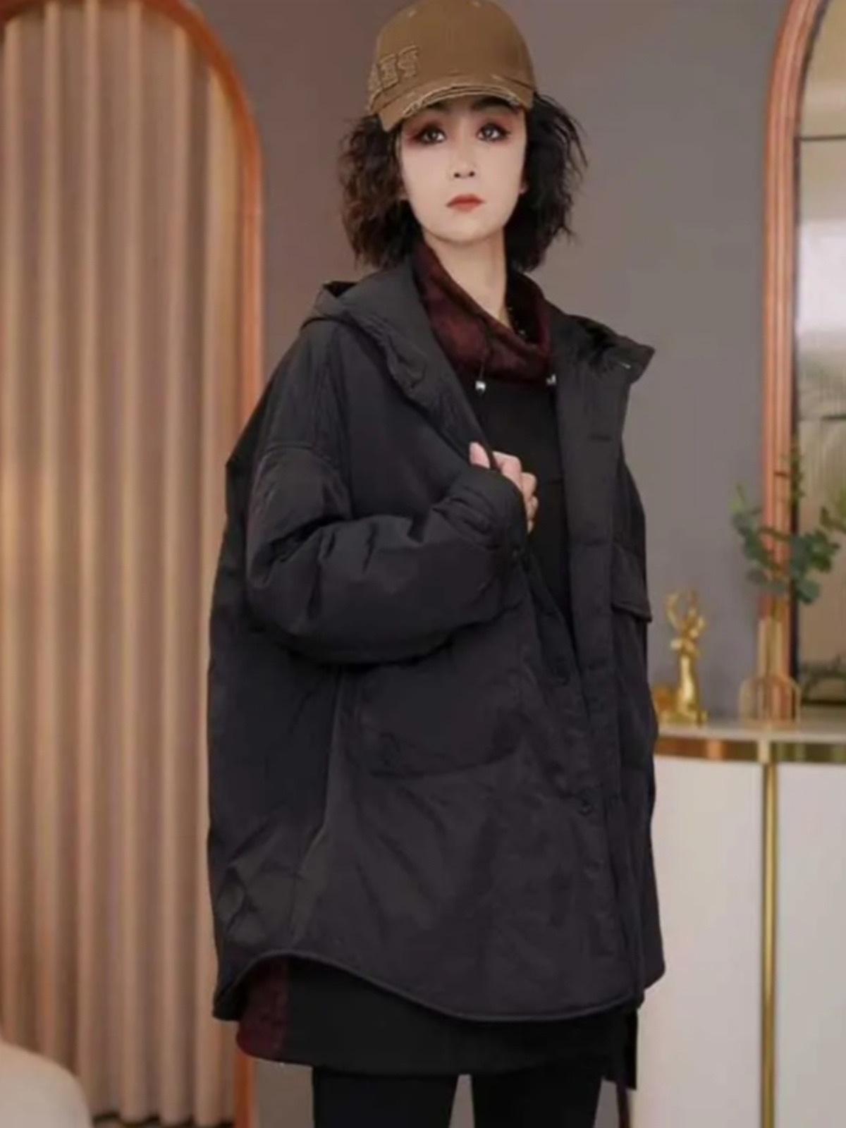 

Повседневная хлопковая одежда с капюшоном женская 2025 осень и зима новая свободная модная с большим карманом теплая универсальная хлопковая одежда M чёрный