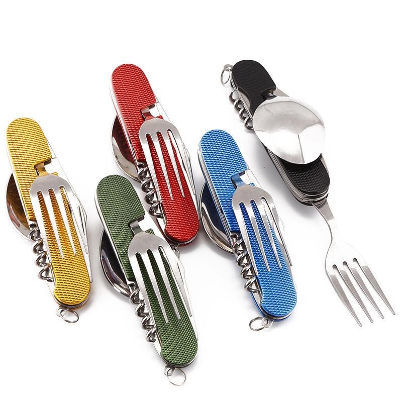 4-in-1 Stainless Steel Spoon Knife Fork Bottle Opener Foldable Pocket Kit Outdoor Cutlery Set Foldable Portable Compact