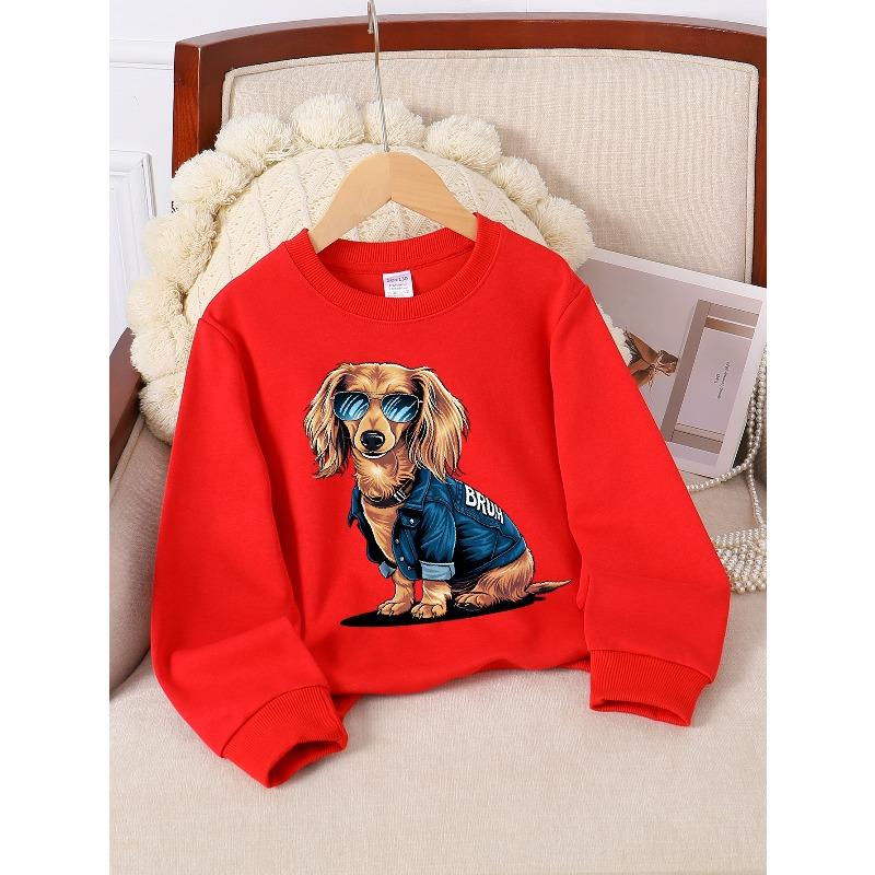 Kids Sweatshirt,Crew Neck Fashion Top, Fun "Cool Dog with Sunglasses" Patterned Sweatshirt, for Everyday Casual Wear, for All Kinds of Daily Outfits
