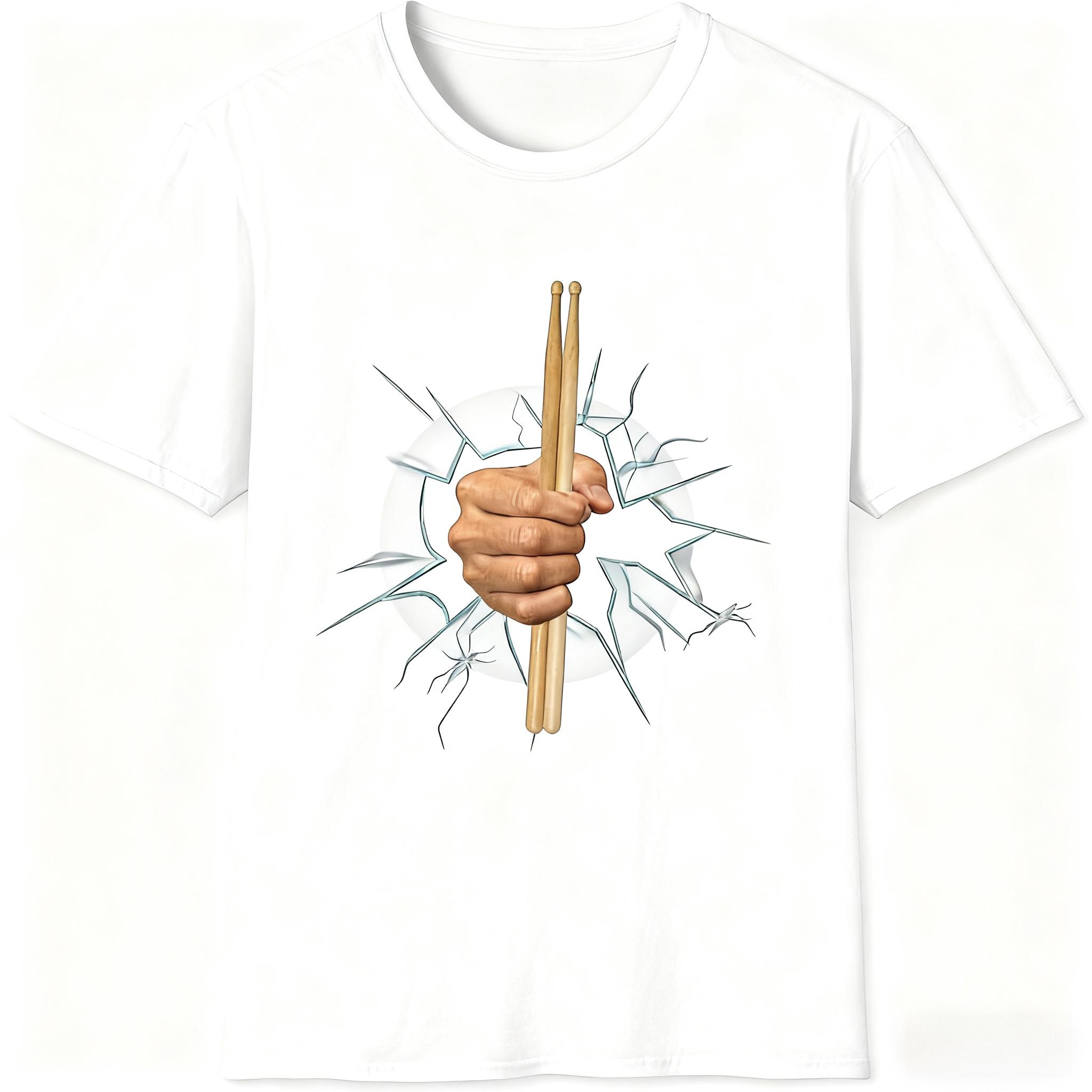 

New Unisex Graphic T-Shirt Drummer Drumsticks Breaking Glass Print Casual Cotton Drum Kit Themed Perfect Gift for Music Lovers 4XL