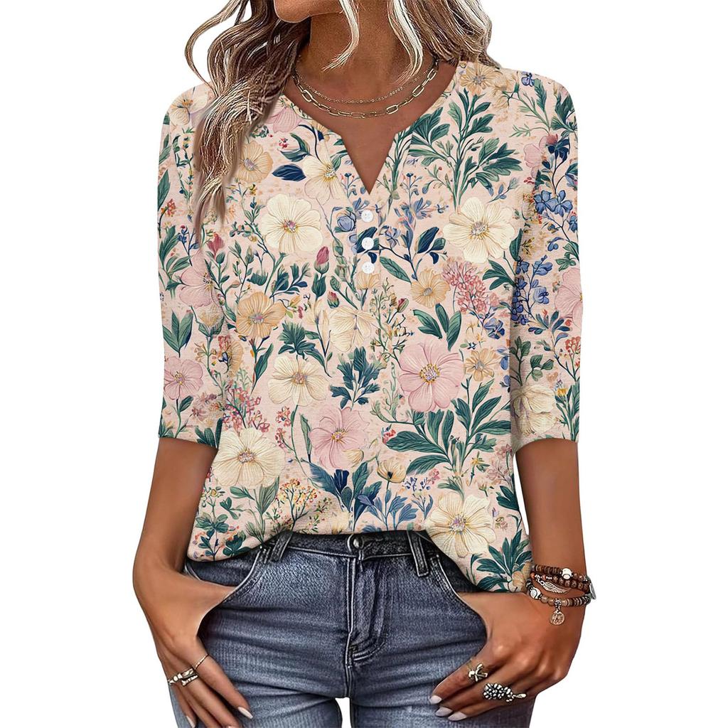Women's Fashionable Casual Retro Floral Print V-Neck Button-Down Three-Quarter Sleeve T-Shirt Top